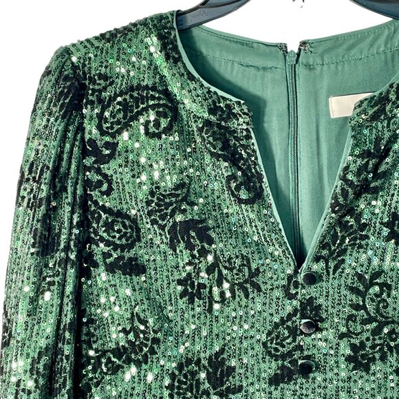 LOFT Emerald Green Velvet Sequin Floral Shift Dress Size 6 WI23 - Picture 5 of 15